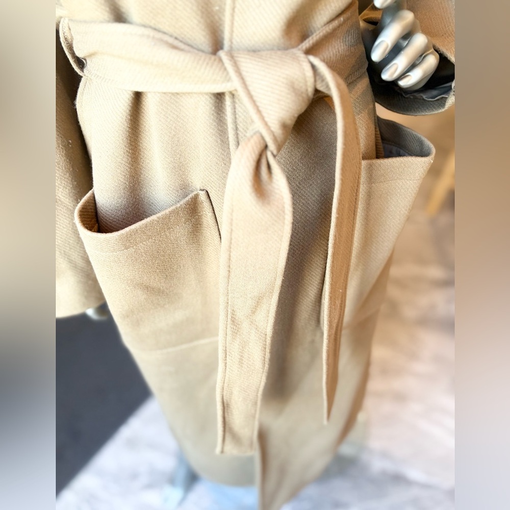 Midi Camel /Caramel Color Open With Tie Waist Round Neck Drop Shoulder Wrap Coat - Picture 4 of 15